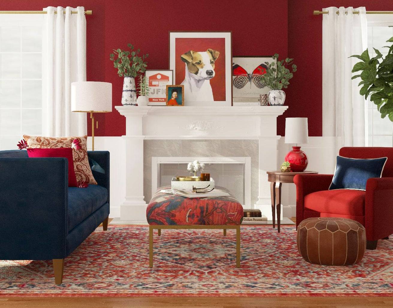 burgundy and navy living room with white fireplace