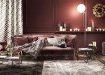 burgundy and blush living rooim with velvet couch dark and moody
