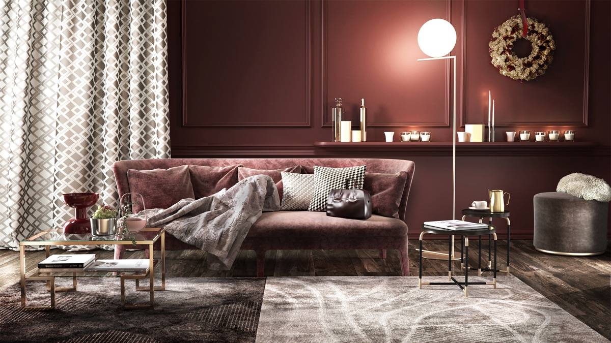 burgundy and blush living rooim with velvet couch dark and moody