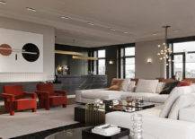 large expensive living room with white sectional couch large wall art burgundy arm chairs