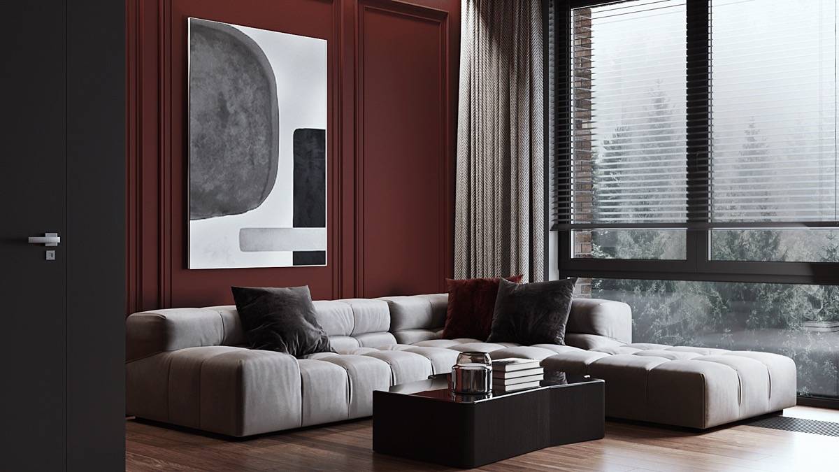 burgundy walls in charcoal grey living room sectional couch