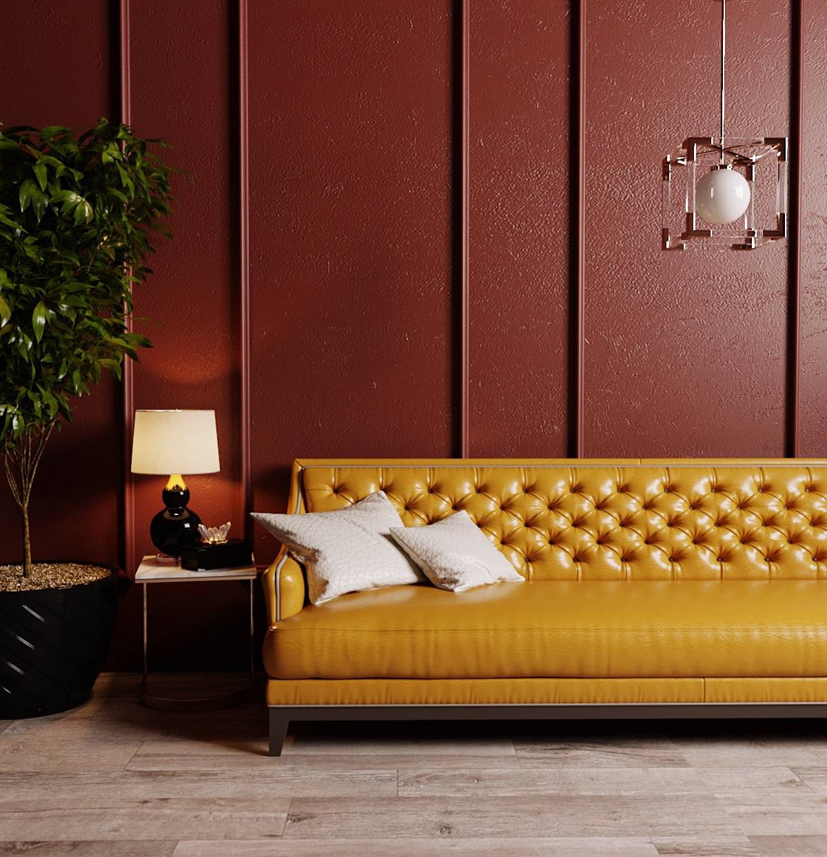 burgundy wall with mustard yellow leather couch