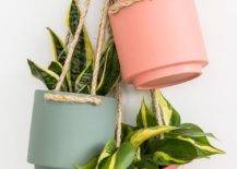 hanigng colorful plants pots with jute rope