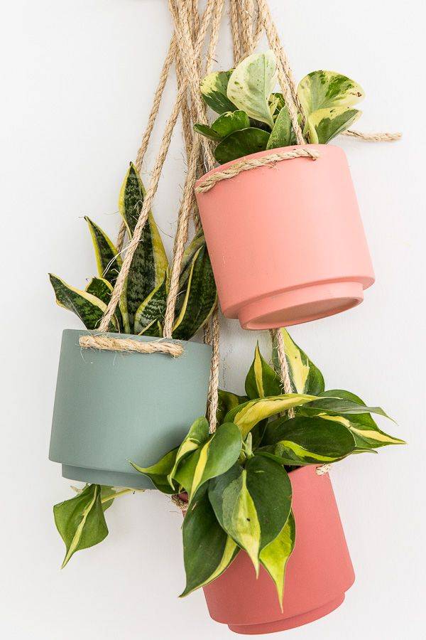 hanigng colorful plants pots with jute rope