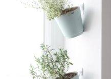 two hanging herb garden pots on white wall