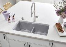 low divide kitchen sink white granite counter top stainless steel gooseneck faucet