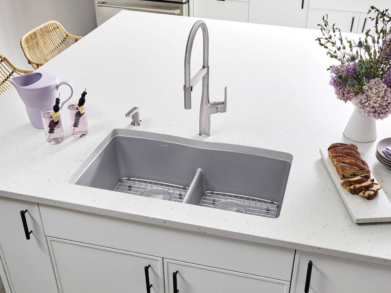 low divide kitchen sink white granite counter top stainless steel gooseneck faucet