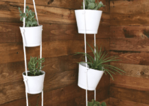 hanging white garden pots on wood wall