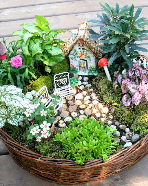 fairy garden in a wicker basket