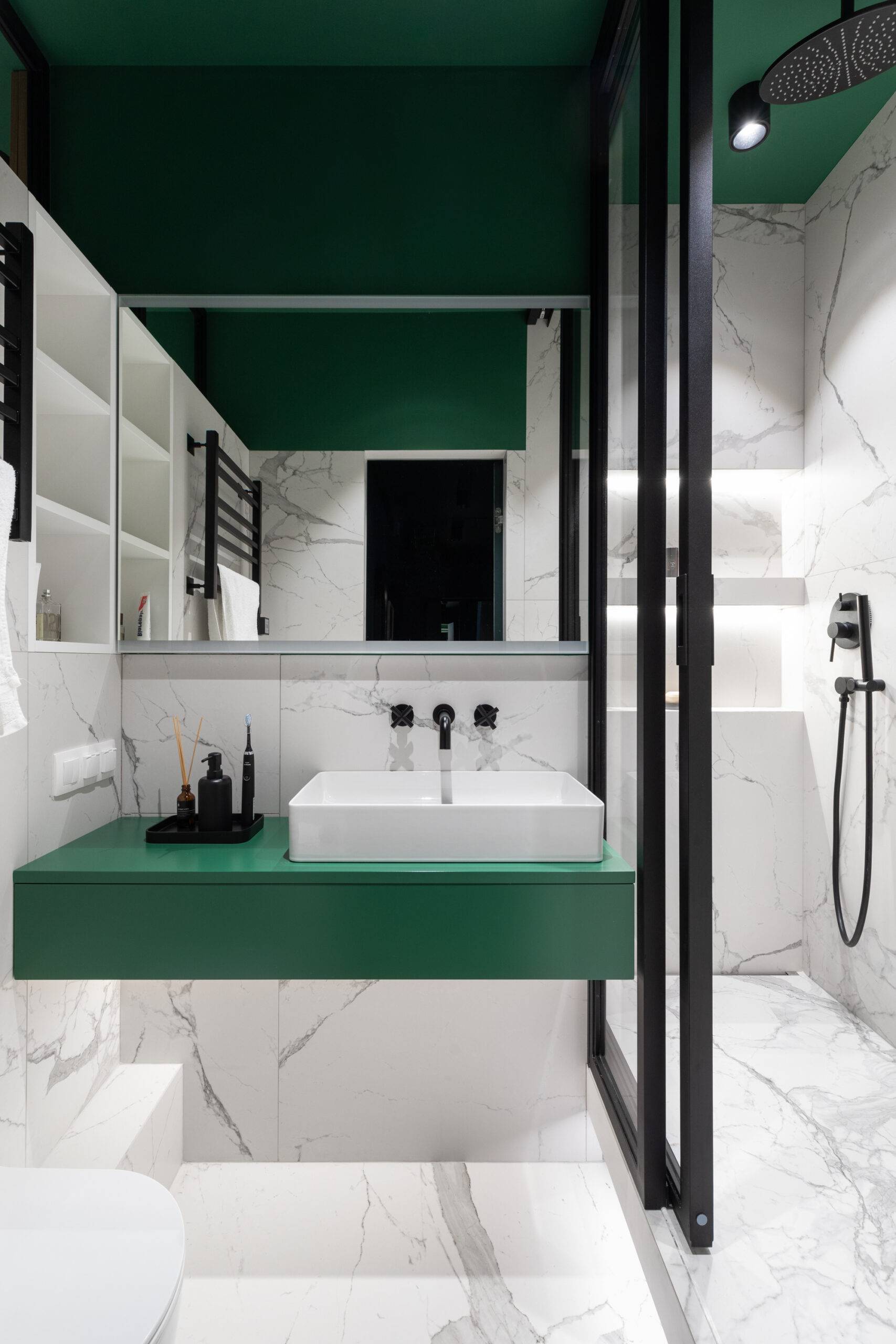 white and black bathroom with green accents