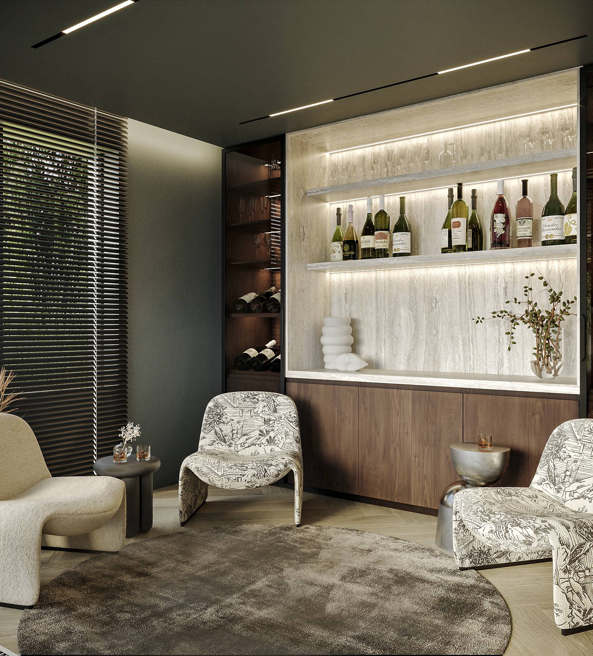 wood and white bar set up with bottles of wine, low height arm chairs and industrial furnishings 