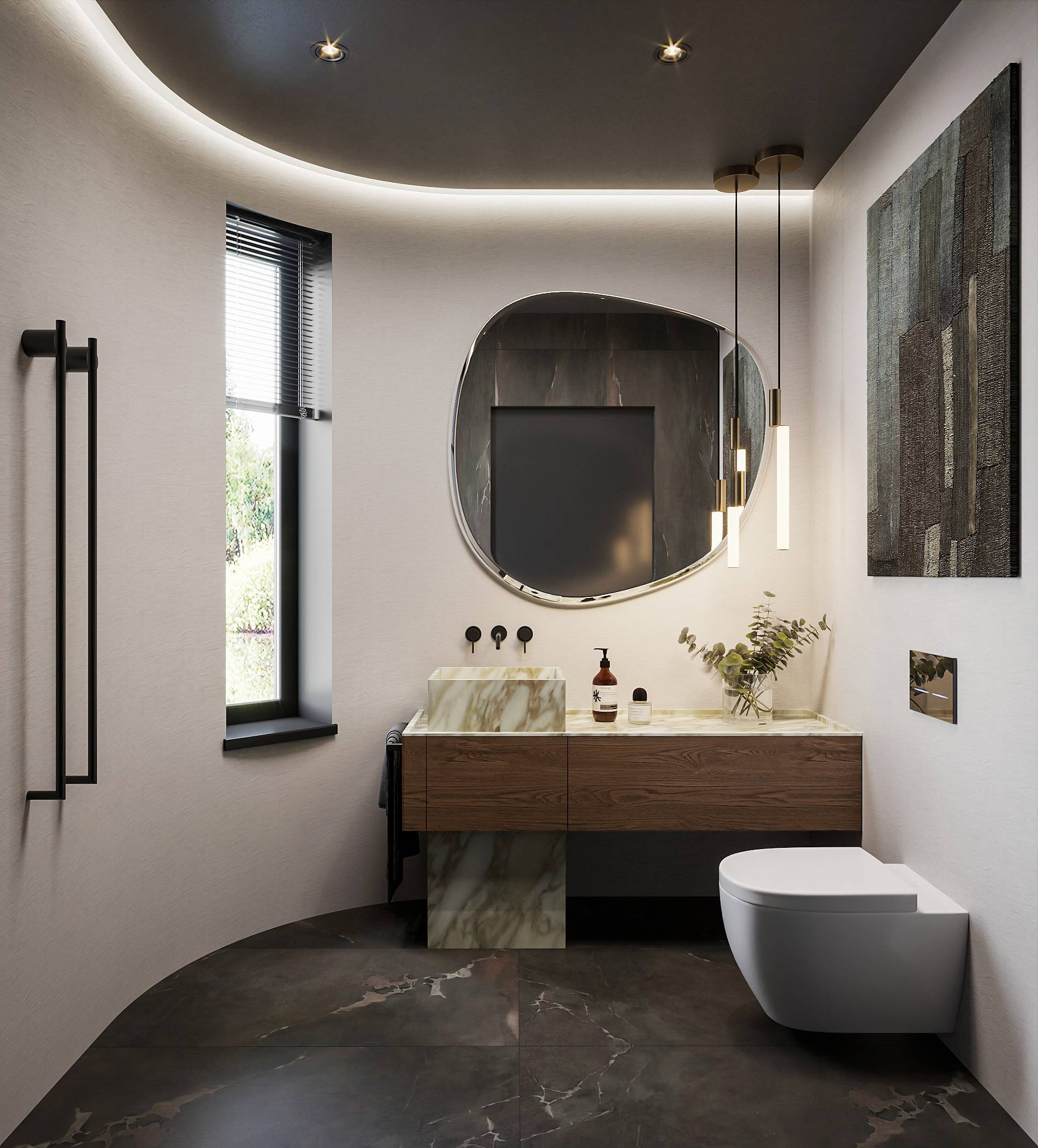 bathroom with plaster walls, marble floor and vanity accents, low hanging lights and minimalist toilet