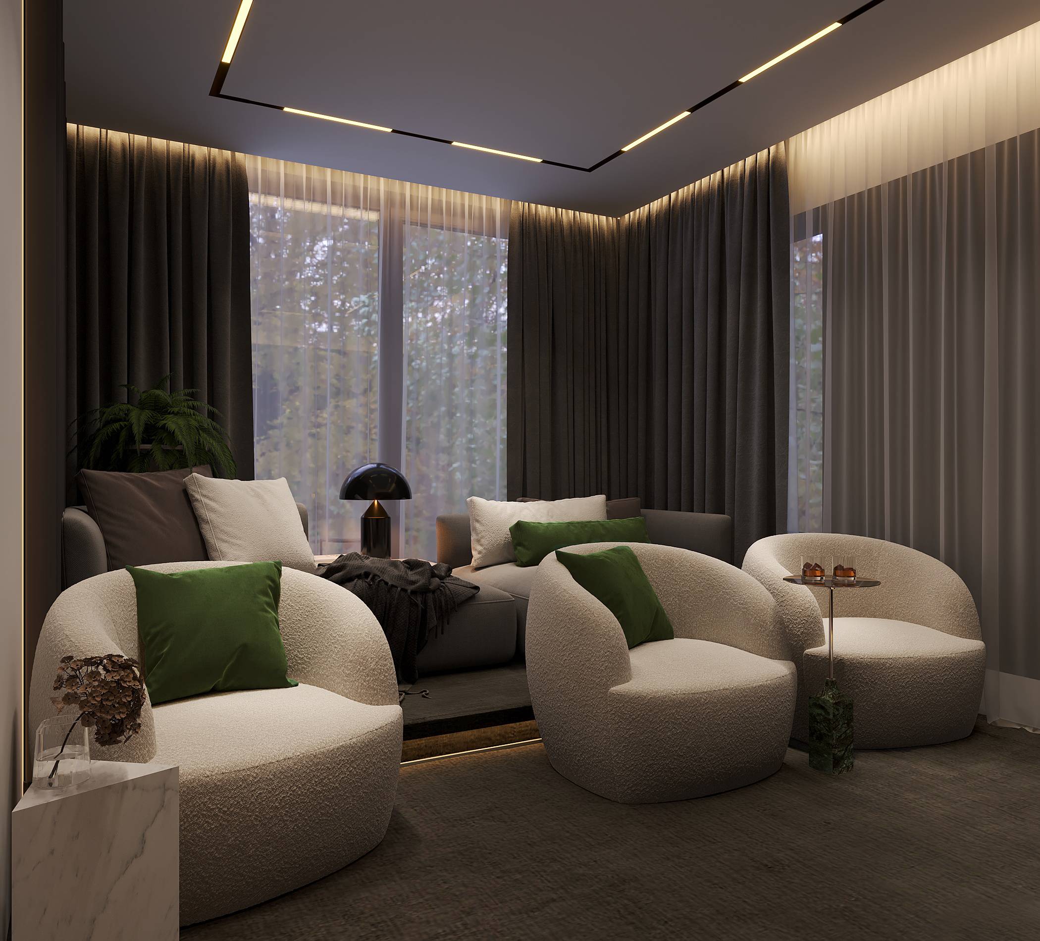 cozy white arm chairs with green accents and minimalist marble side tables in home cinema