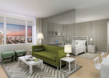 Modern green & gray contemporary studio apartment design with hanging metal partition, green tufted sofa, mint green x-base ottomans, white tables, white lamps and Portland Hand-tufted Wool Rug in White and Grey.