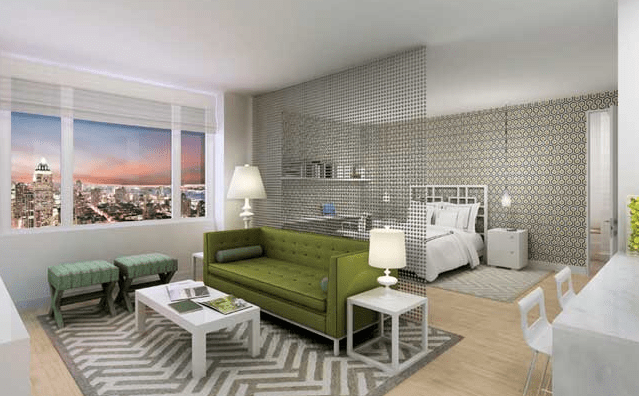 Modern green & gray contemporary studio apartment design with hanging metal partition, green tufted sofa, mint green x-base ottomans, white tables, white lamps and Portland Hand-tufted Wool Rug in White and Grey.