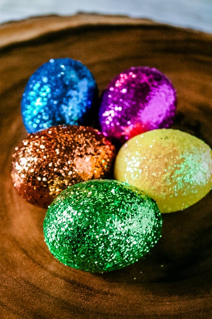 Easter eggs decorated with glitter