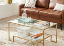 gold coffee table with leather brown couch