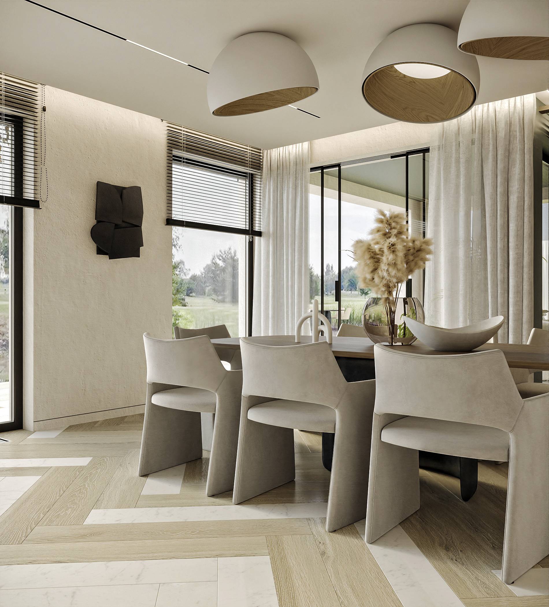 minimalist natural dining room with black sculpture on wall, large natural bouquet in table center