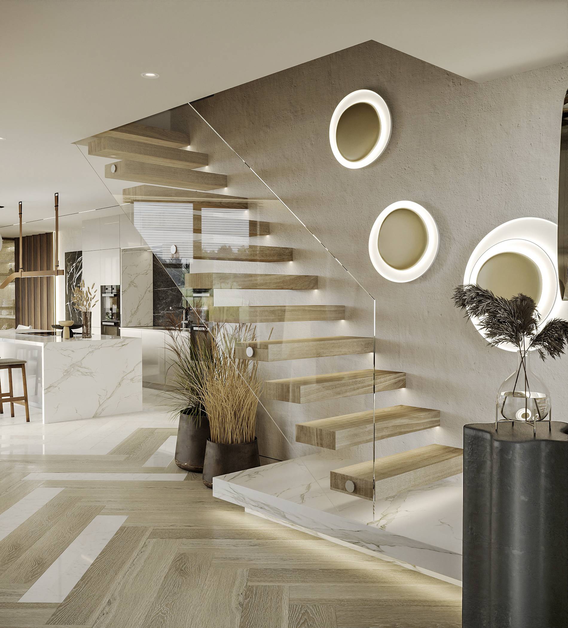 entryway with floating wooden stairs, clear glass railing and lighted mirrors on stair wall