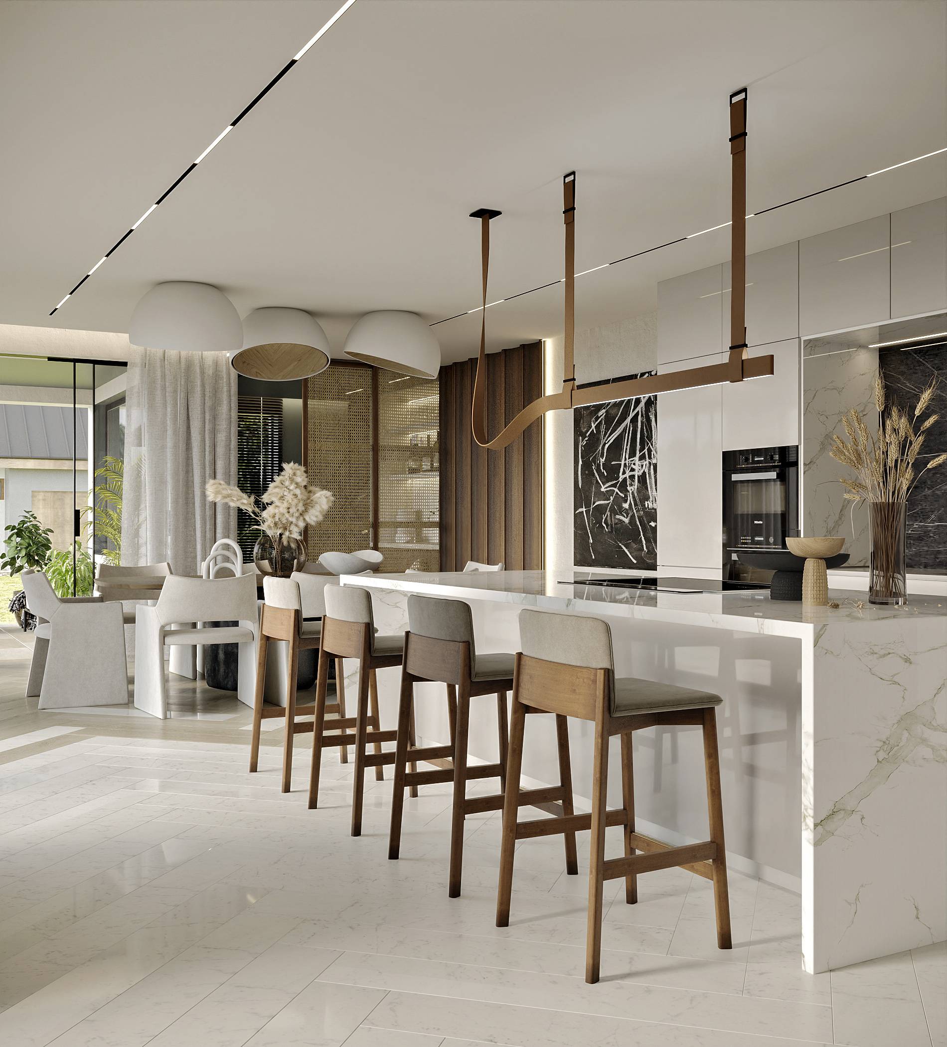 marble kitchen island with wood barstools, minimalist lighting and living room table in background