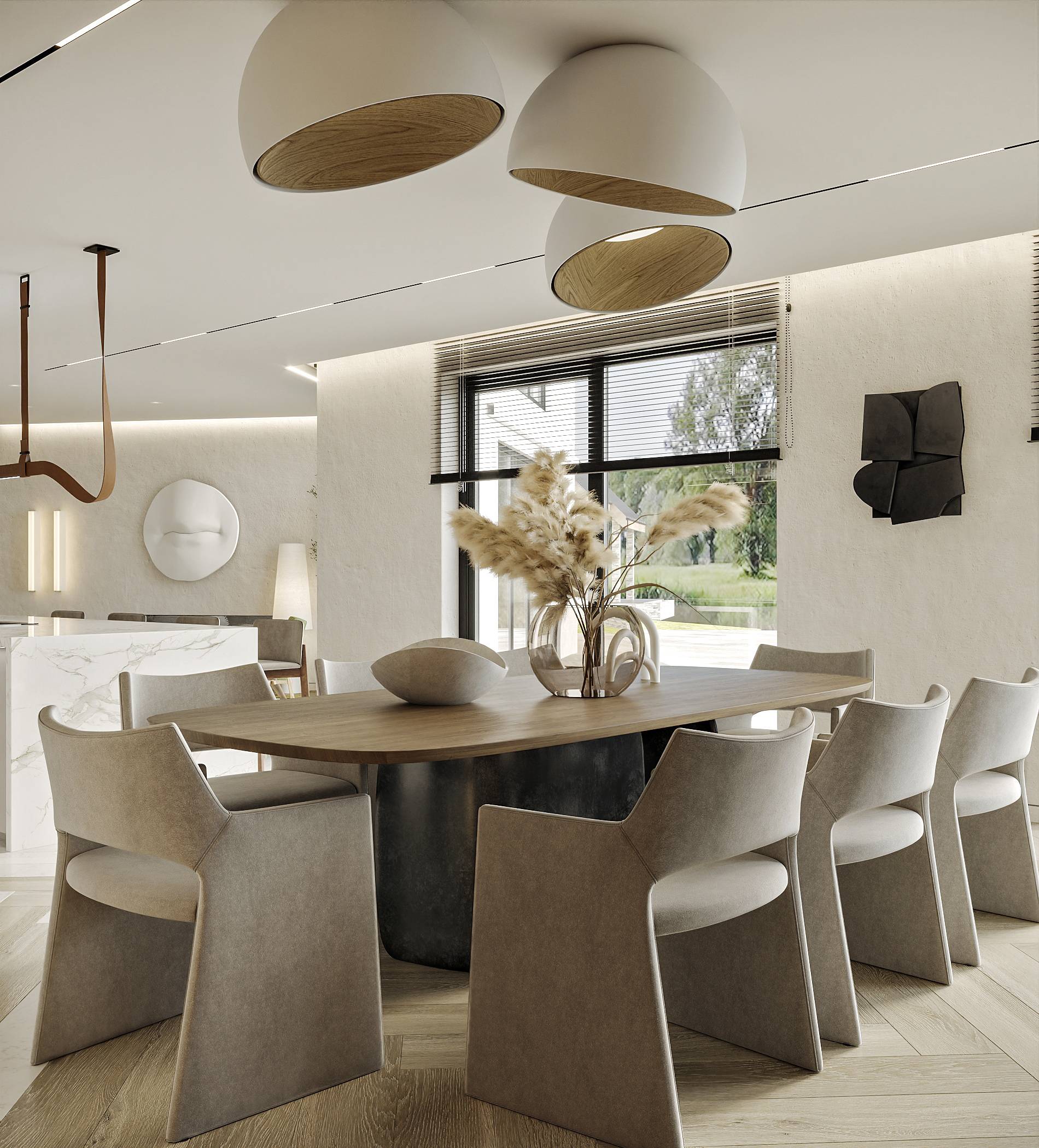 minimalist warm dining room with low geomtric chairs and dome lights