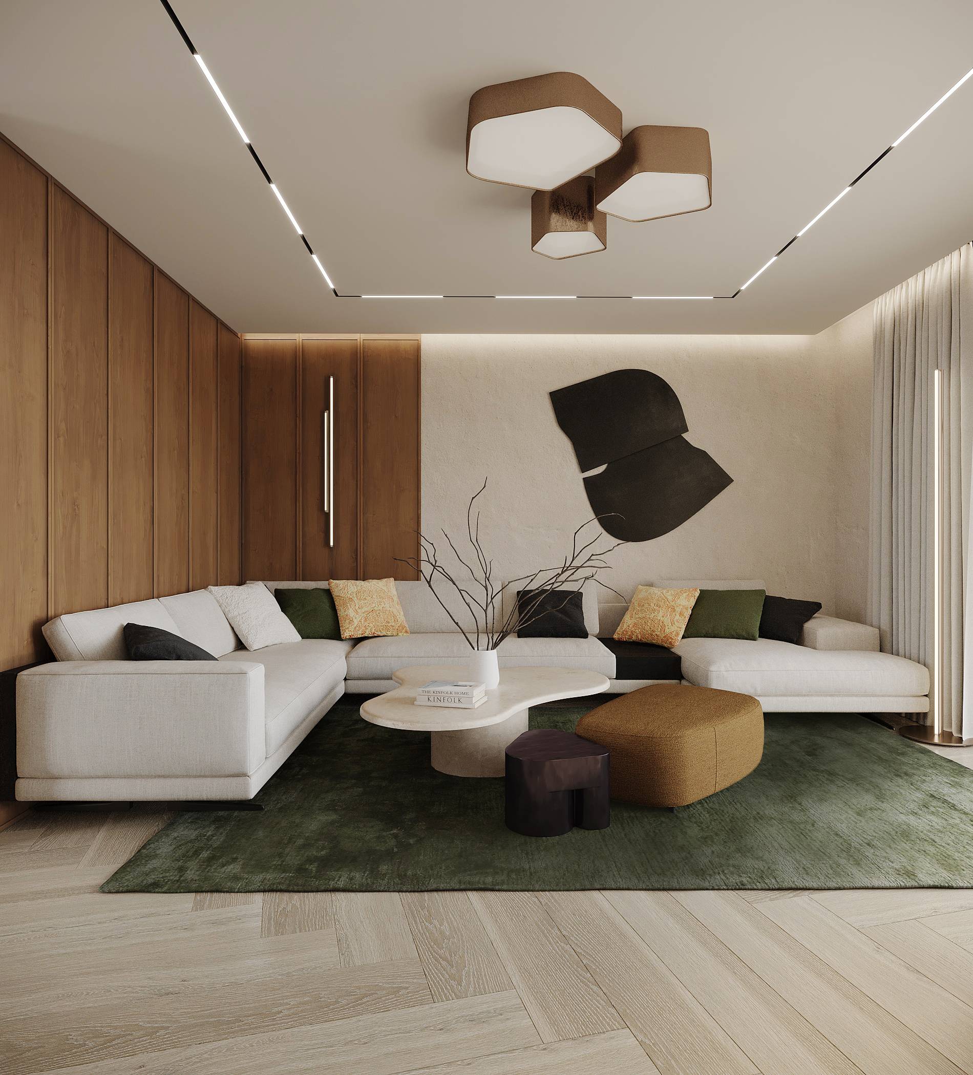 living room with white low couch, geometric table and stools, wood walls and green accents in carpet and pillows