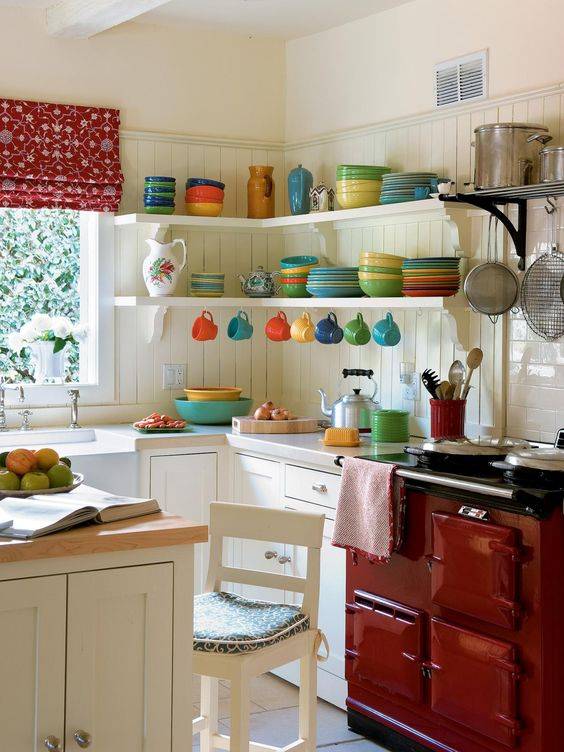 colorful mugs in kitchen