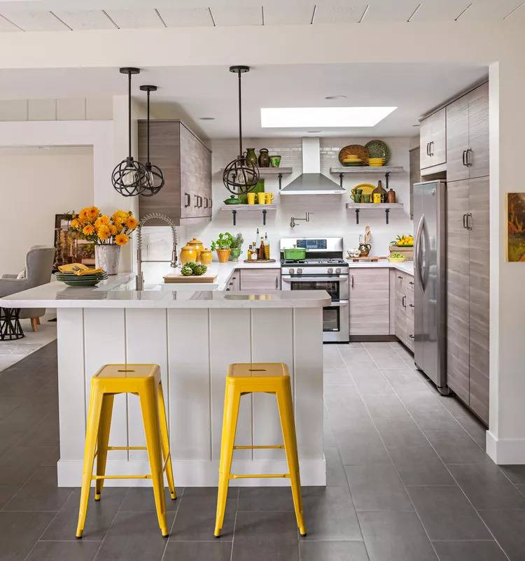 yellow bar stools in kitchen