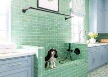 A green and yellow art piece hangs above an oil rubbed bronze drying rod mounted to green subway wall tiles over a raised platform green subway tiled doggy shower with an oil rubbed bronze handheld shower kit. The shower is fixed to green, gray, and blue mosaic floor tiles between blue shaker cabinets located under windows.