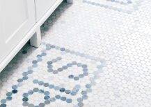 Jennifer Glover - Contemporary shared kids' bathroom features white glass penny tiles accented with blue glass penny tiles spelling out "boys" and "girls" in front of a white dual washstand adorning campaign pulls.