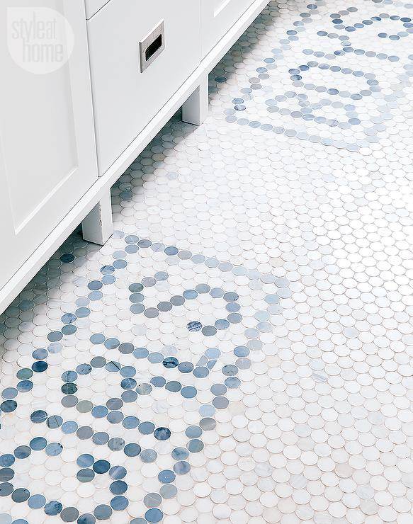 Jennifer Glover - Contemporary shared kids' bathroom features white glass penny tiles accented with blue glass penny tiles spelling out 