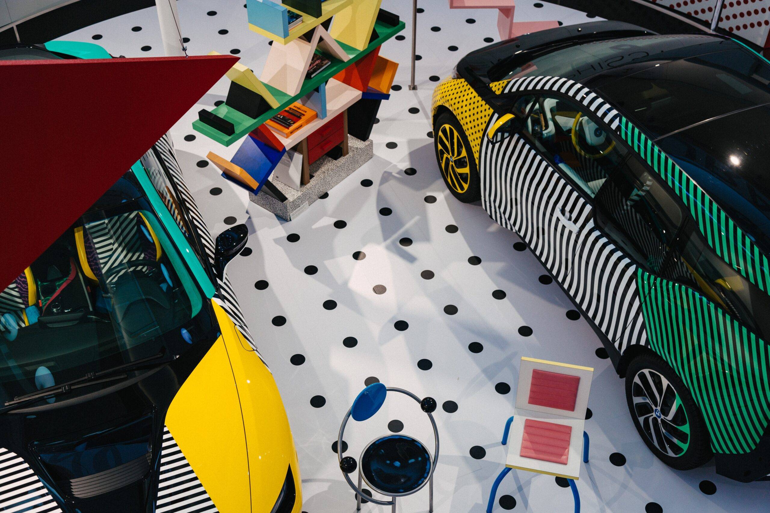colorful geometric display of cars at BMW museum