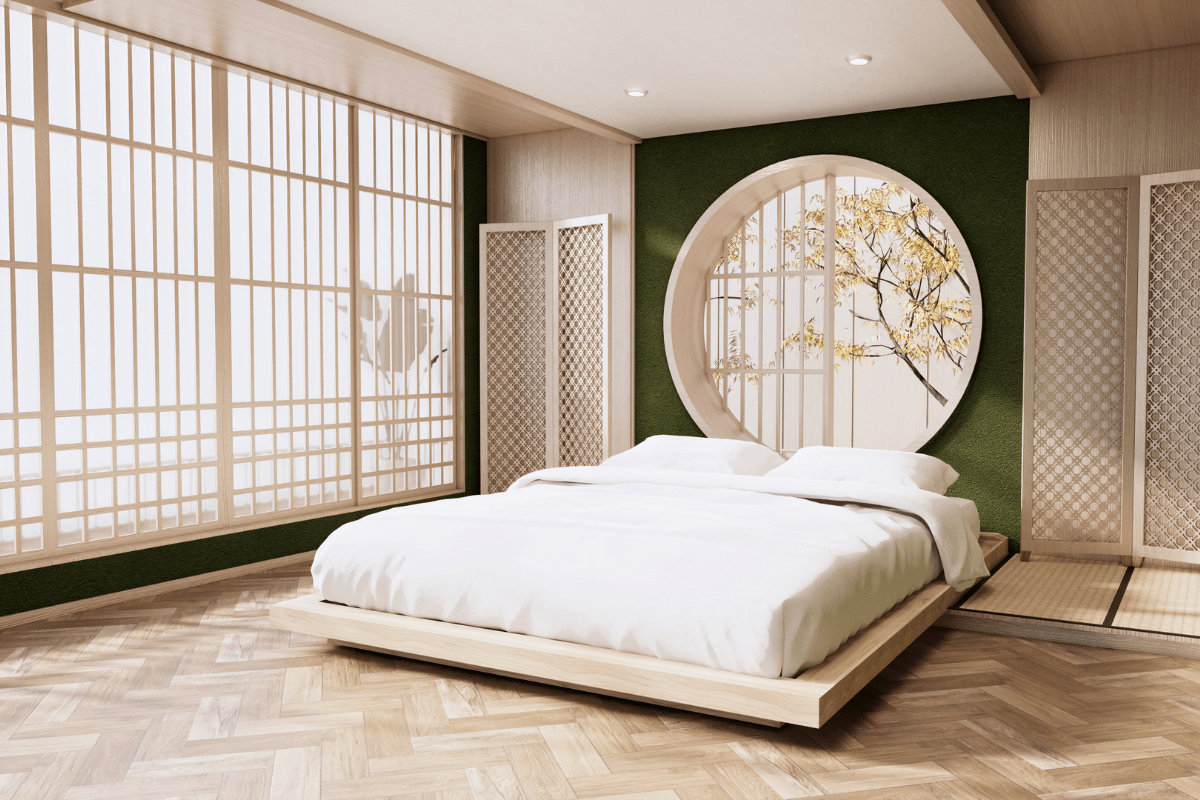 japanese bedroom with low bed large windows and untried vocalizing wall