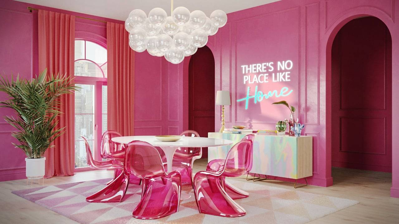 barbie-inspired dining room with neon pink sign over bar, bright pink plastic chairs and white bubble chandelier