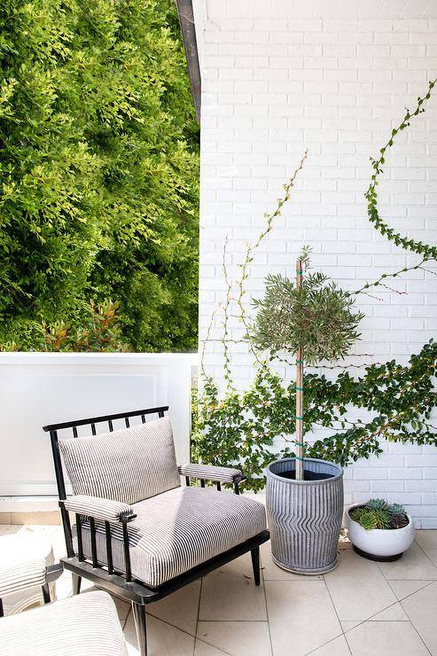 Patio features white brick walls with ivy and a black wooden outdoor chair.