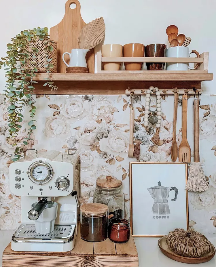 Small boho farmhouse coffee bar with natural elements.