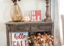 Fall entryway with hello fall sign.