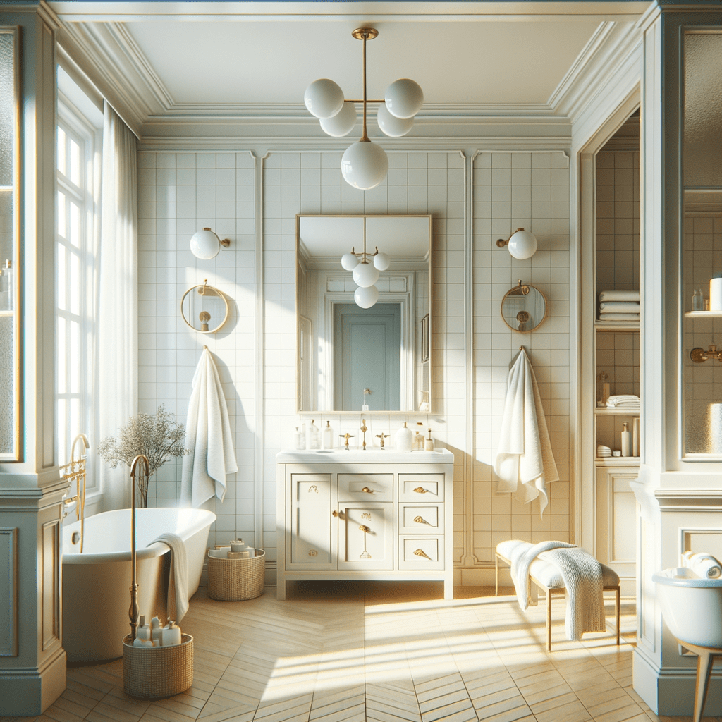 Banheiro moderno, vintage, ensolarado e de cores claras com detalhes esféricos