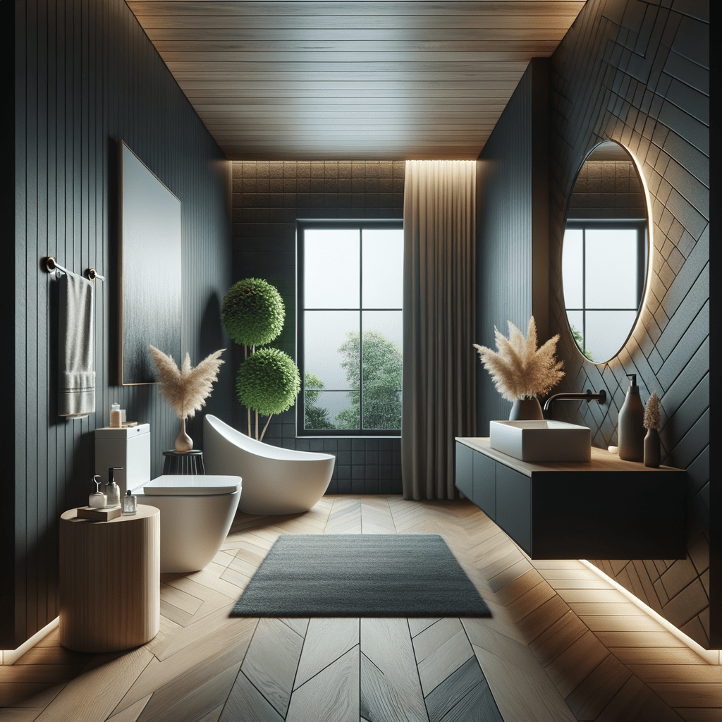 banheiro moderno em tons escuros com espelho com iluminação inferior e detalhes em folhagem