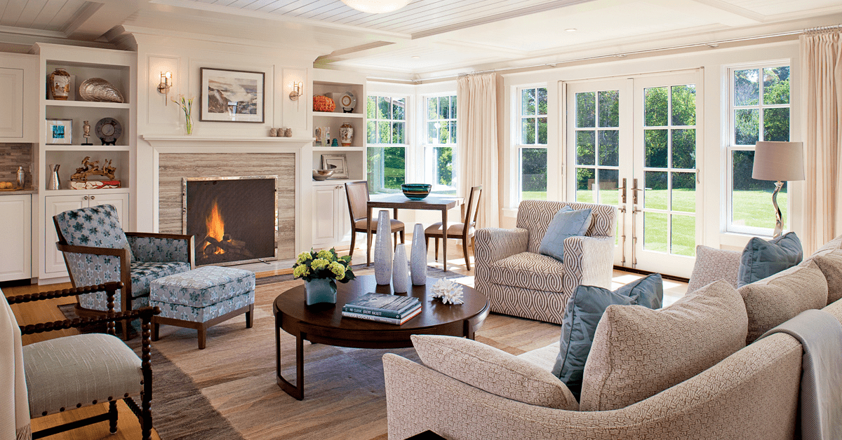 Modern living room of a Cape Code styled house.