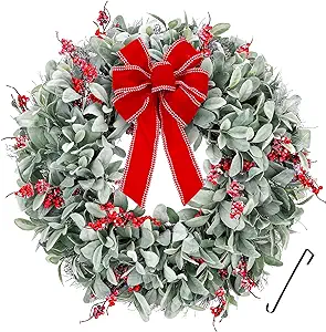 lambs ear christmas wreath with red bow