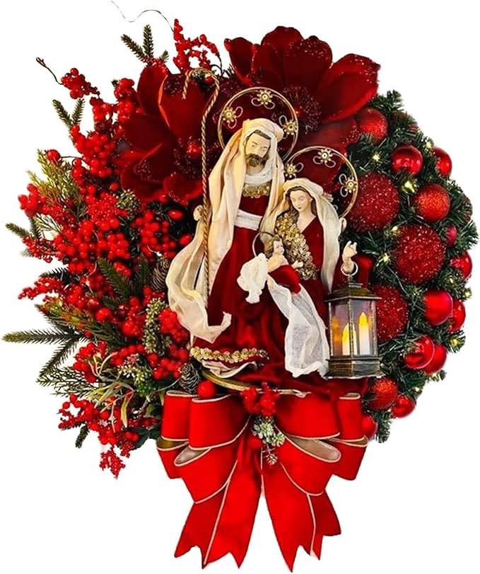 christmas nativity wreath with red berries bow