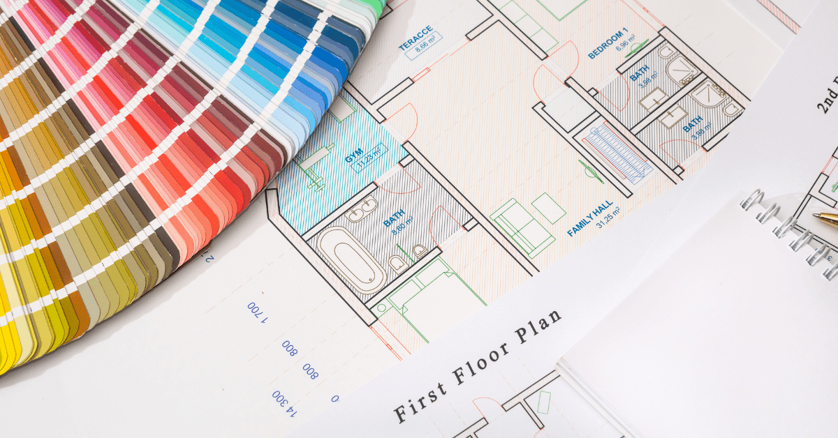 Color sample cards on top of blueprints.