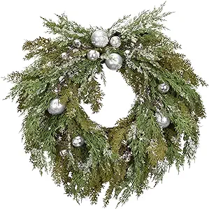 glitter evergreen christmas wreath with glitter and silver balls