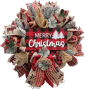 merry christmas buffalo check wreath with ribbon and berries