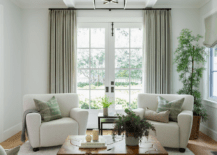 Living room features sage green pillows on light gray accent chairs, a burl wood coffee table atop a light gray rug, a round wooden stool as accent table and a tall potted plant.
