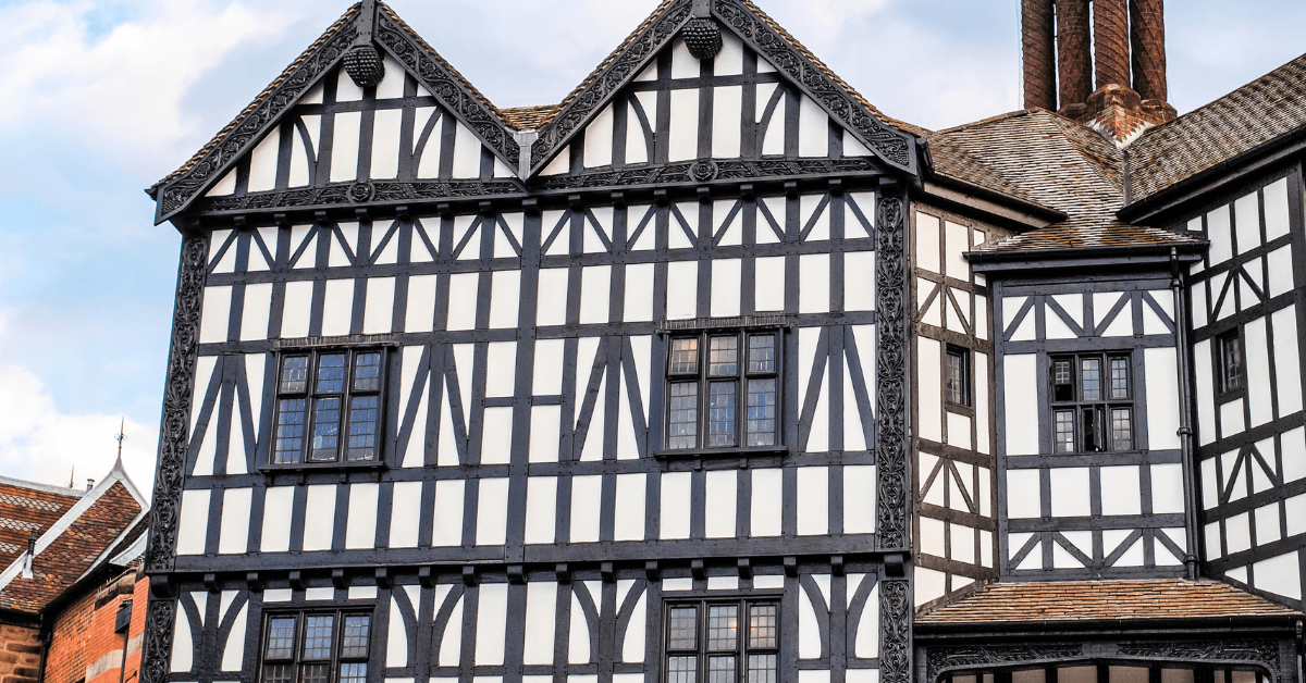 Tudor styled exterior of a house, showcasing the architecture's main elements.