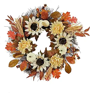 fall sunflower wreath with white sunflowers orange leaves oak leaf