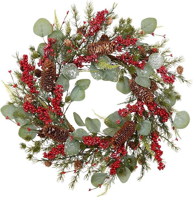 winter berry wreath with eucalyptus pinecones red berries