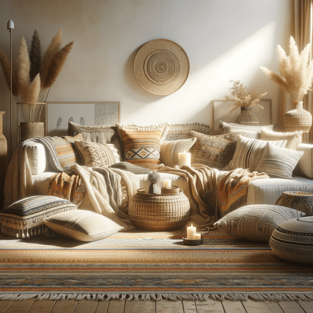  layering of different textiles, including throw blankets and an abundance of cushions, on a cozy Boho seating area